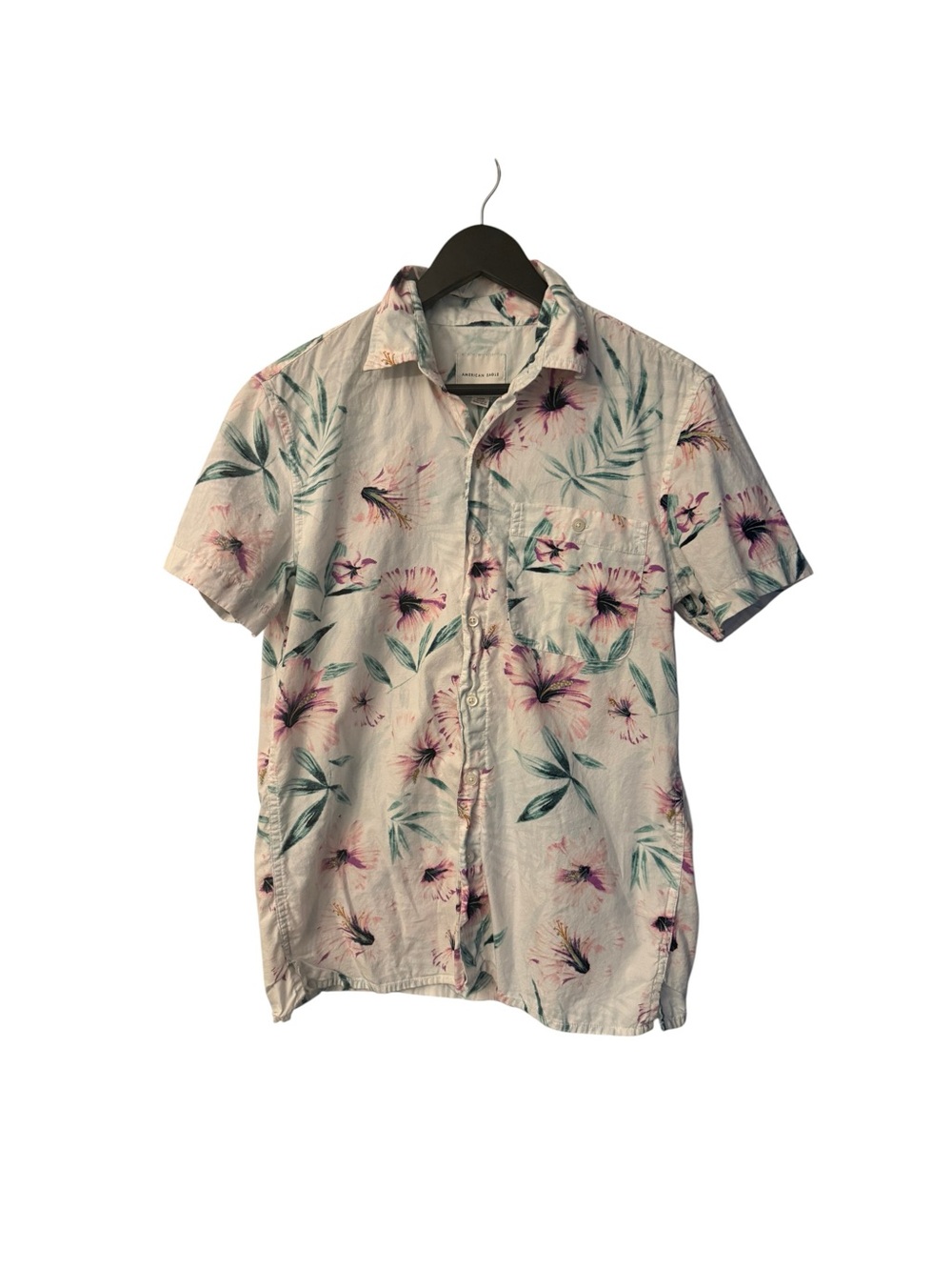 American Eagle Hawaiian Shirt Men’s S/P/CH White Floral Button Up Short Sleeve